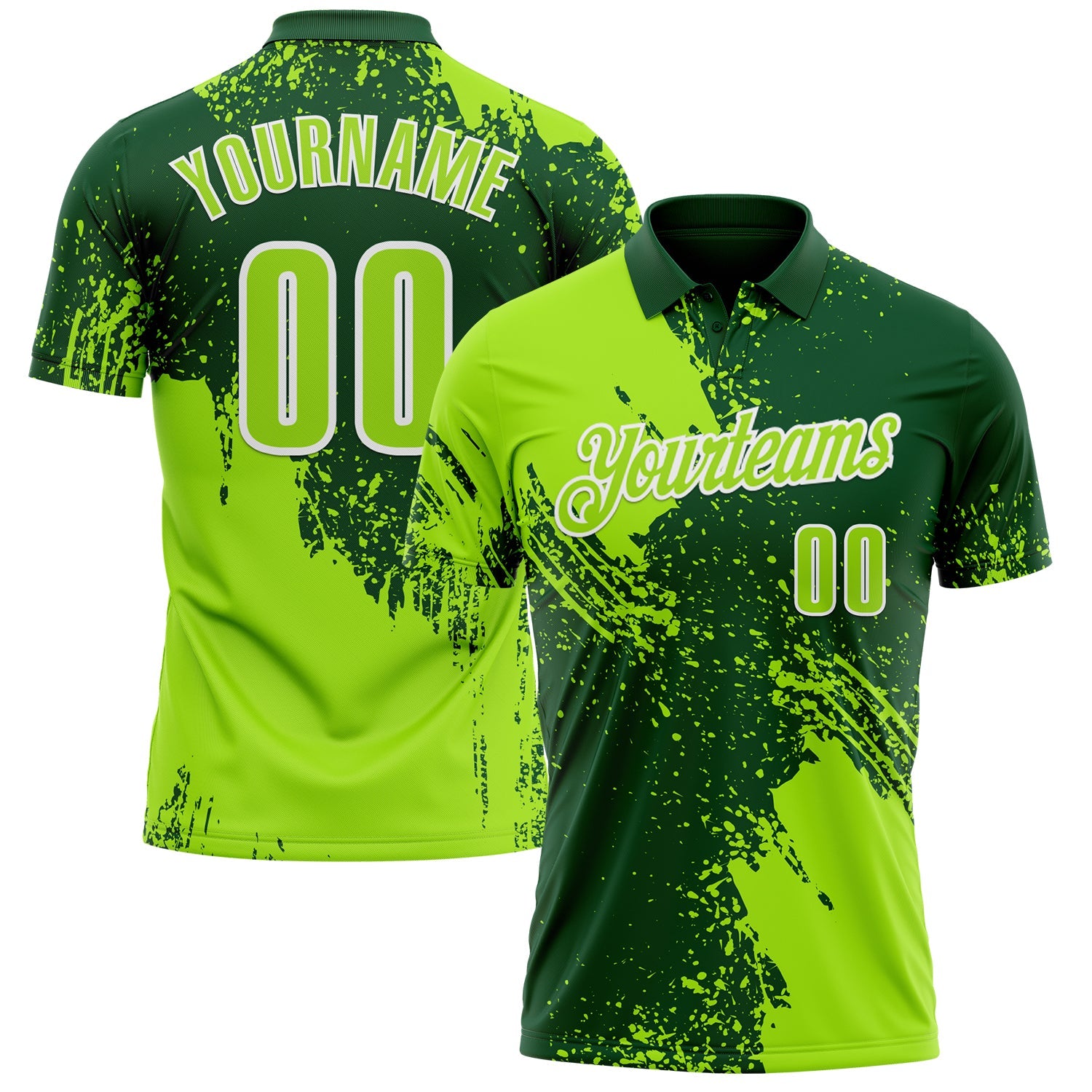 Custom Neon Green Green-White 3D Pattern Design Abstract Brush Stroke Performance Polo Shirt - Main View