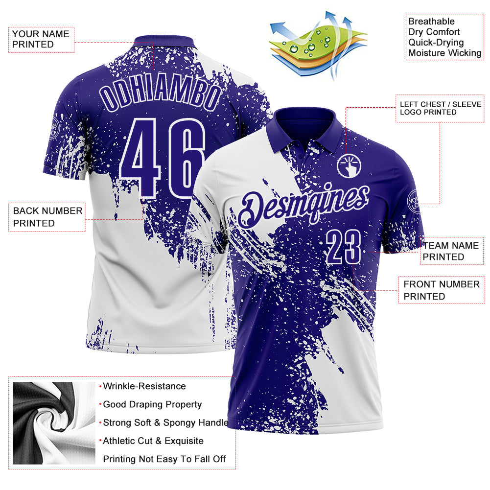 Custom White Dark Purple 3D Pattern Design Abstract Brush Stroke Performance Polo Shirt view 3