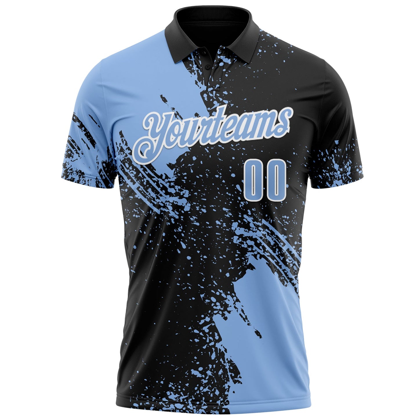 Custom Light Blue Black-White 3D Pattern Design Abstract Brush Stroke Performance Polo Shirt view 2