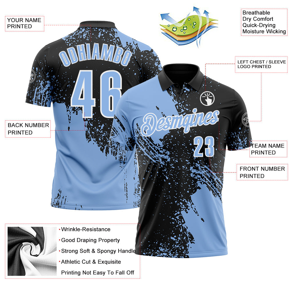 Custom Light Blue Black-White 3D Pattern Design Abstract Brush Stroke Performance Polo Shirt view 3
