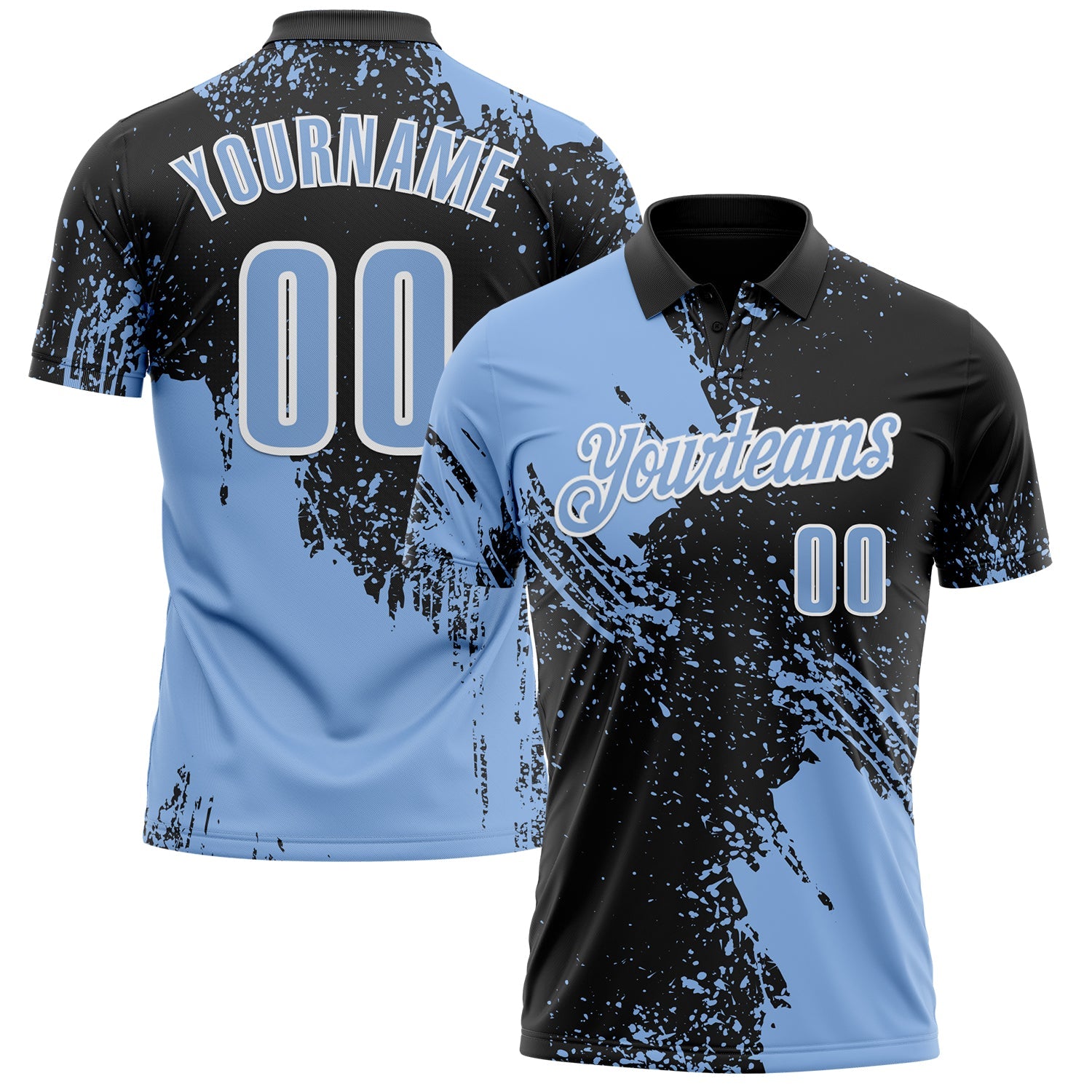 Custom Light Blue Black-White 3D Pattern Design Abstract Brush Stroke Performance Polo Shirt - Main View