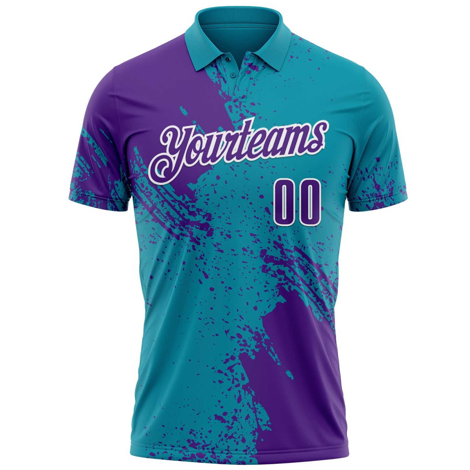 Custom Purple Teal-White 3D Pattern Design Abstract Brush Stroke Performance Polo Shirt view 2