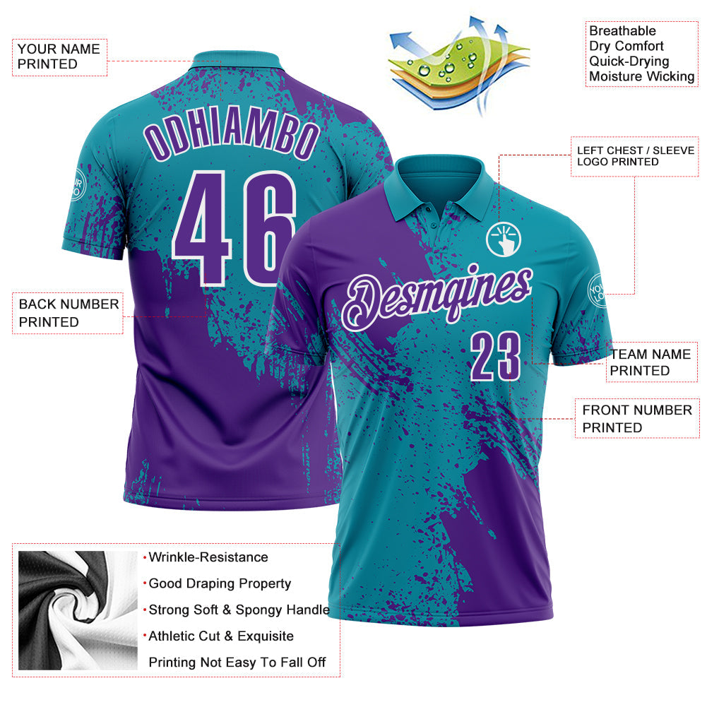 Custom Purple Teal-White 3D Pattern Design Abstract Brush Stroke Performance Polo Shirt view 3