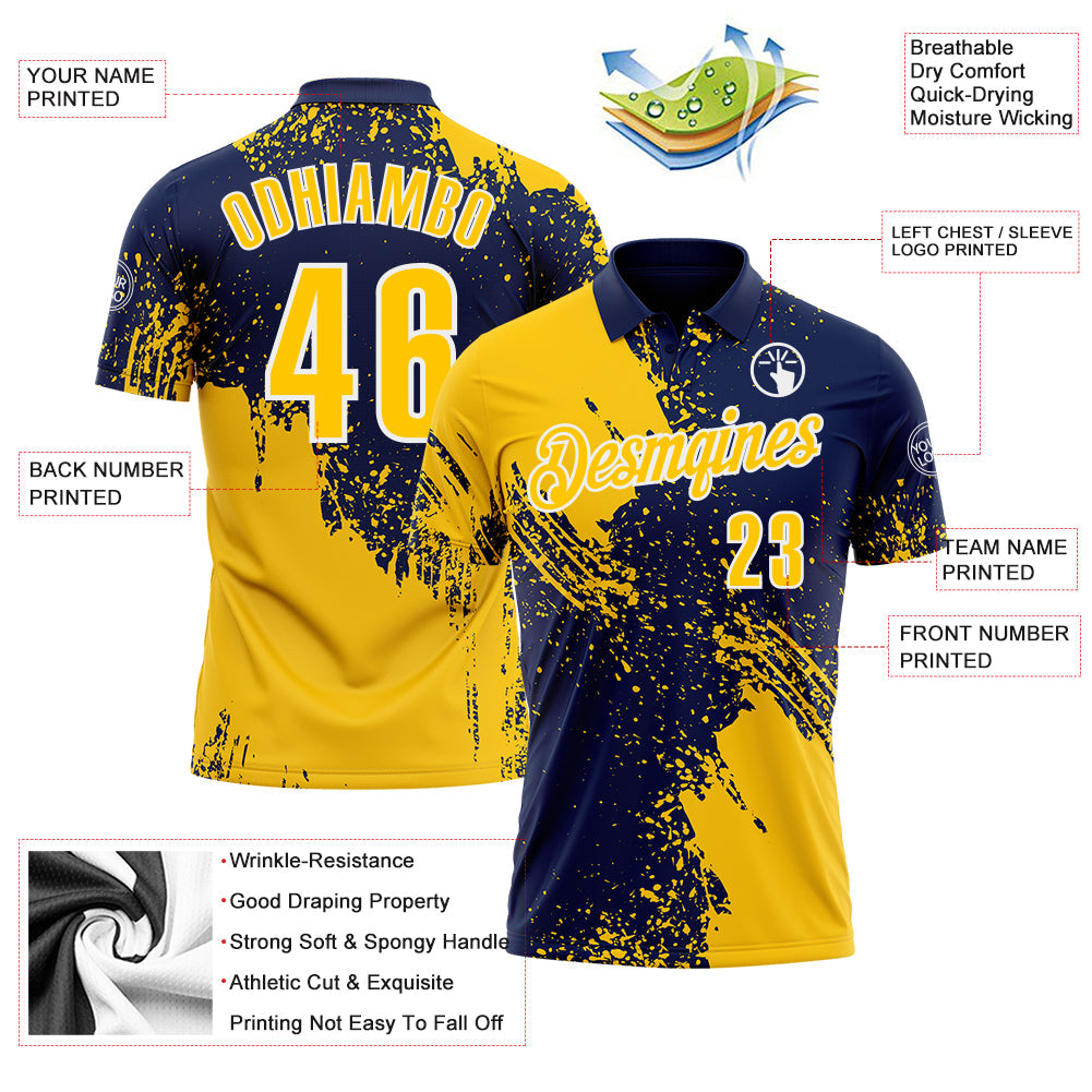 Custom Yellow Navy-White 3D Pattern Design Abstract Brush Stroke Performance Polo Shirt view 3