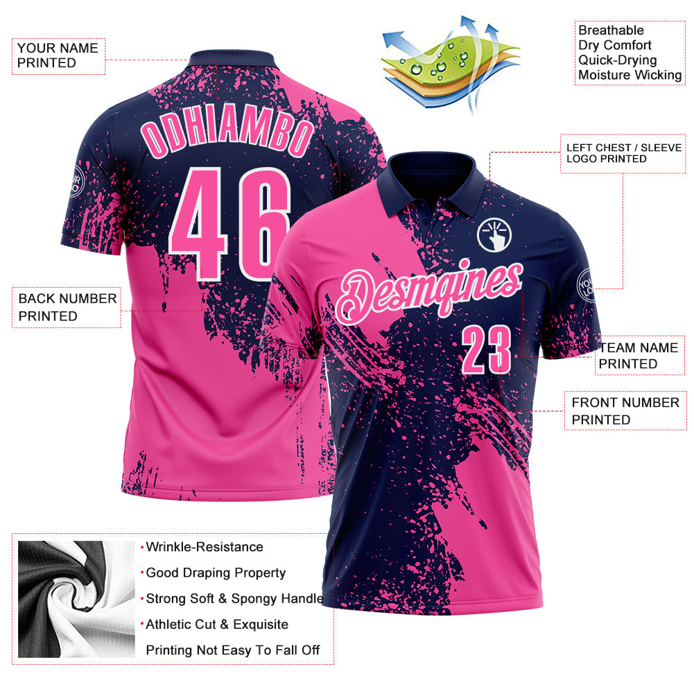 Custom Pink Navy-White 3D Pattern Design Abstract Brush Stroke Performance Polo Shirt view 3