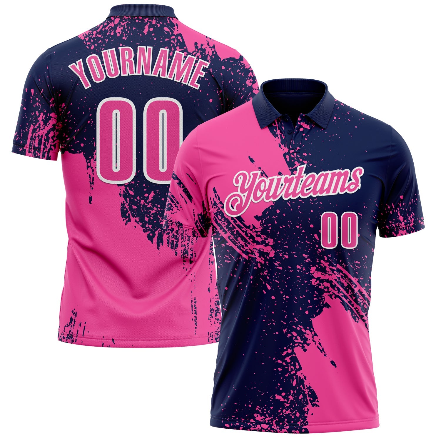 Custom Pink Navy-White 3D Pattern Design Abstract Brush Stroke Performance Polo Shirt - Main View