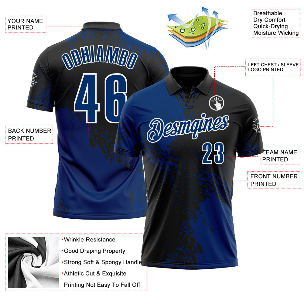 Custom US Navy Blue Black-White 3D Pattern Design Abstract Brush Stroke Performance Polo Shirt view 3