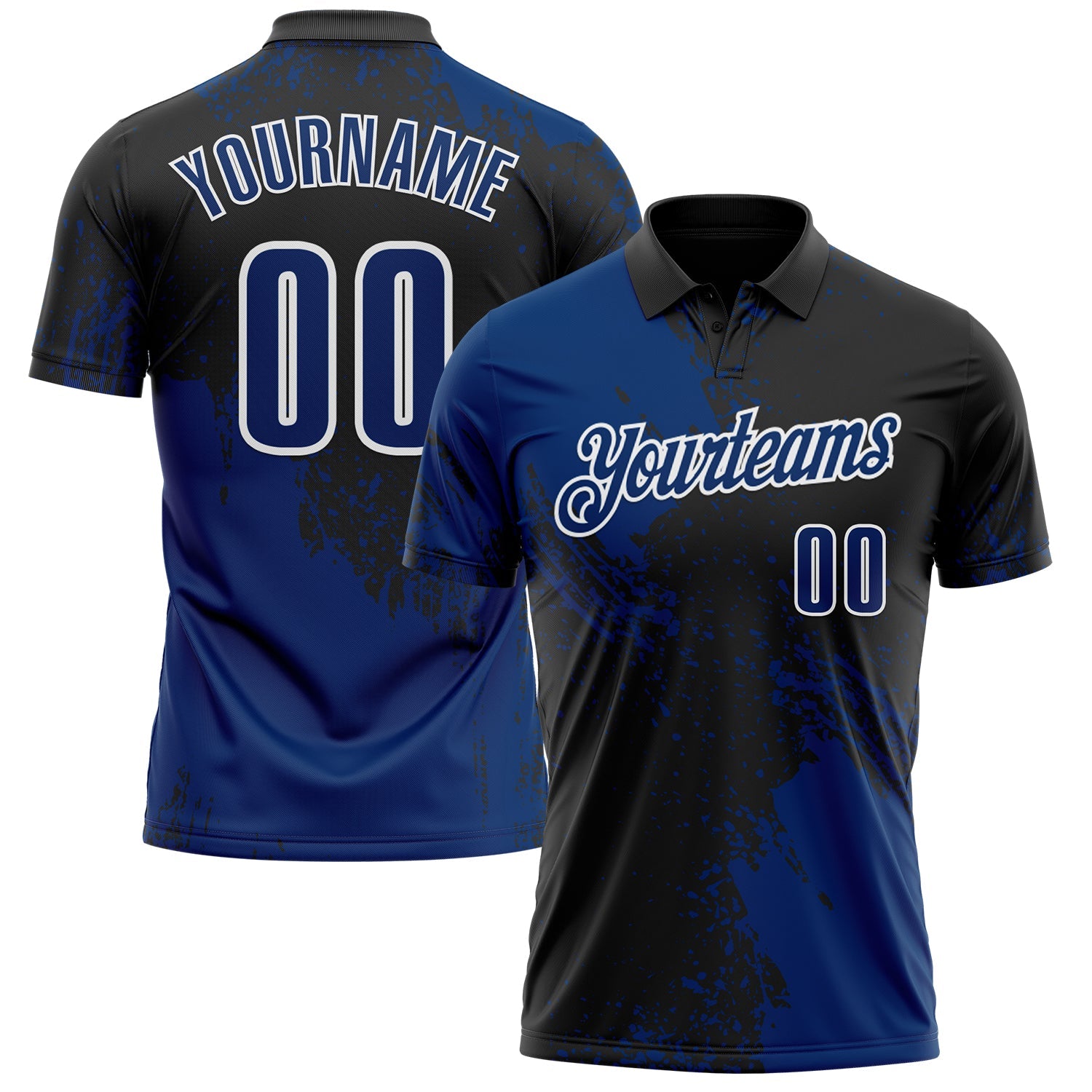 Custom US Navy Blue Black-White 3D Pattern Design Abstract Brush Stroke Performance Polo Shirt - Main View