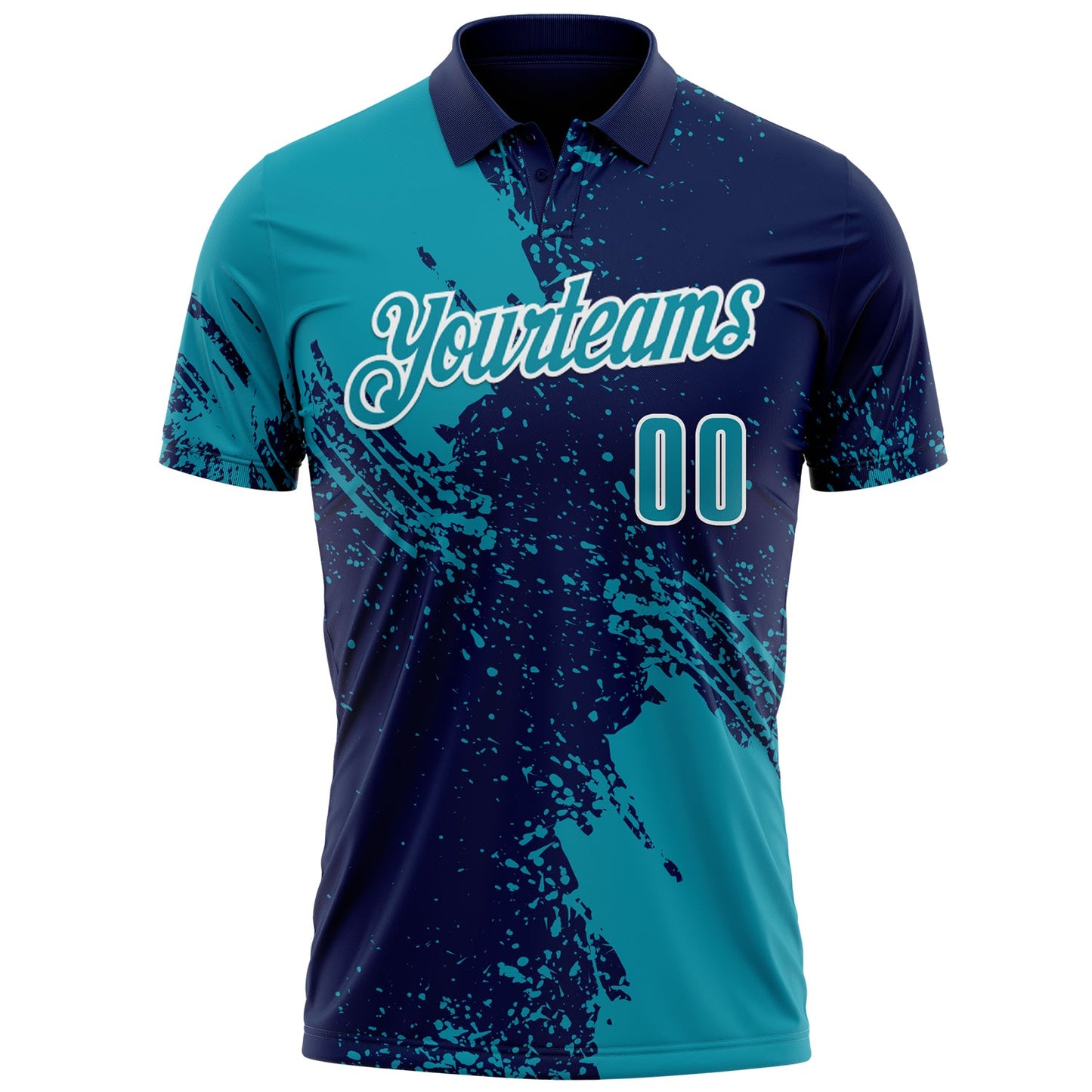 Custom Teal Navy-White 3D Pattern Design Abstract Brush Stroke Performance Polo Shirt view 2