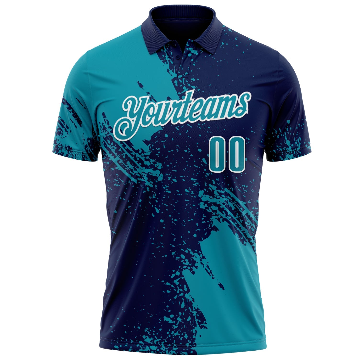 Custom Teal Navy-White 3D Pattern Design Abstract Brush Stroke Performance Polo Shirt view 2