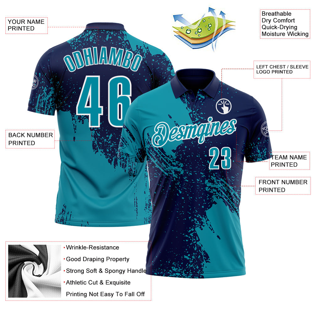 Custom Teal Navy-White 3D Pattern Design Abstract Brush Stroke Performance Polo Shirt view 3