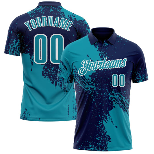 Custom Teal Navy-White 3D Pattern Design Abstract Brush Stroke Performance Polo Shirt - Main View