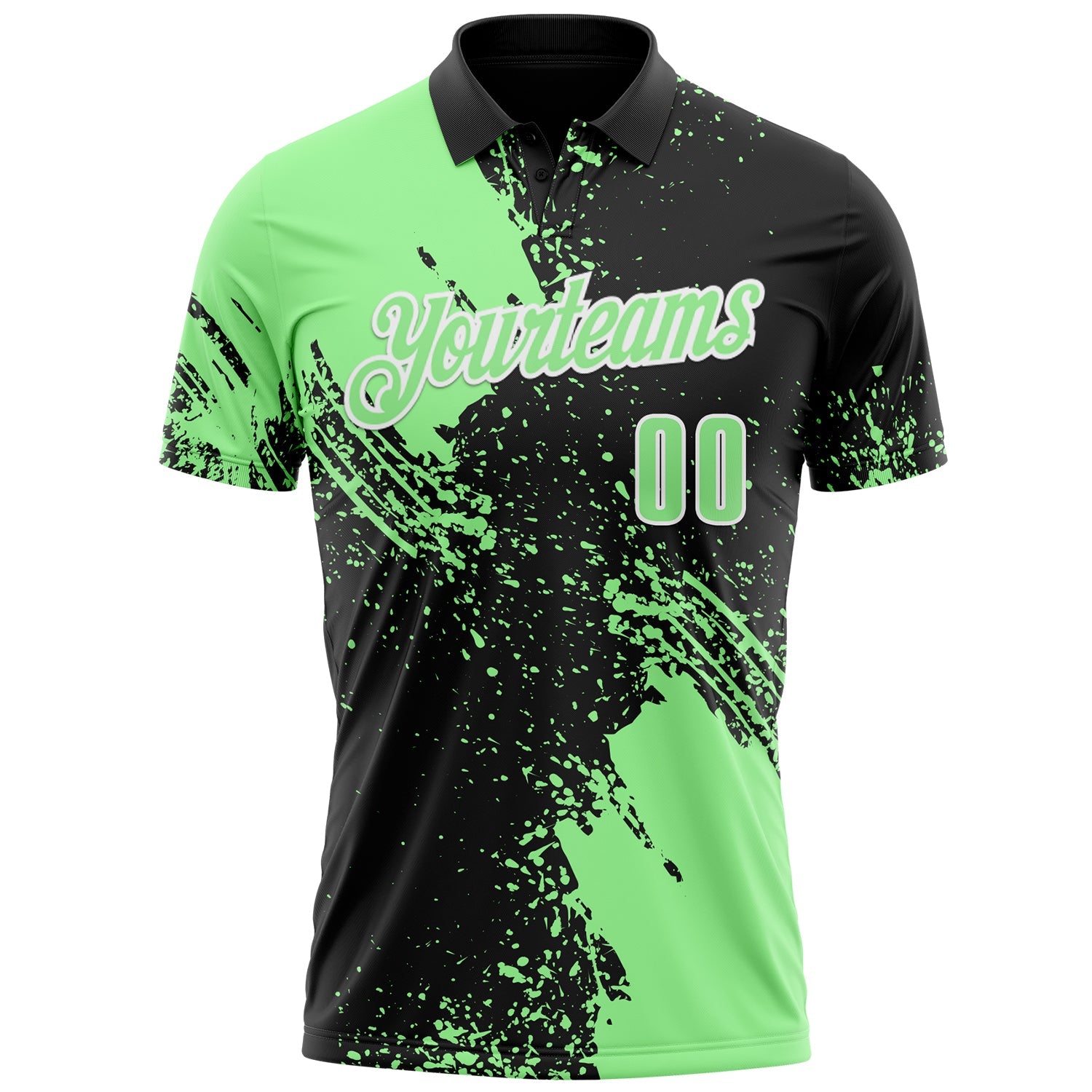 Custom Pea Green Black-White 3D Pattern Design Abstract Brush Stroke Performance Polo Shirt view 2