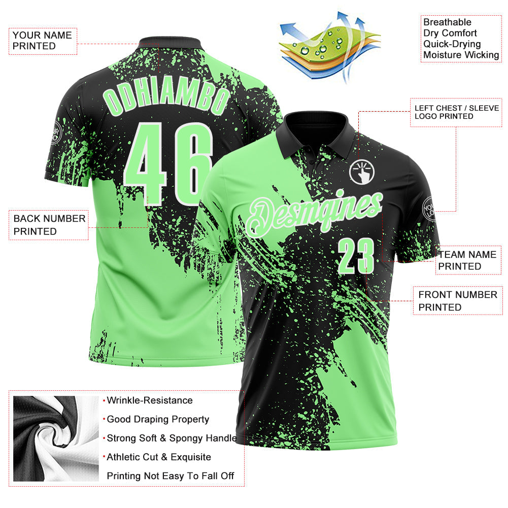 Custom Pea Green Black-White 3D Pattern Design Abstract Brush Stroke Performance Polo Shirt view 3
