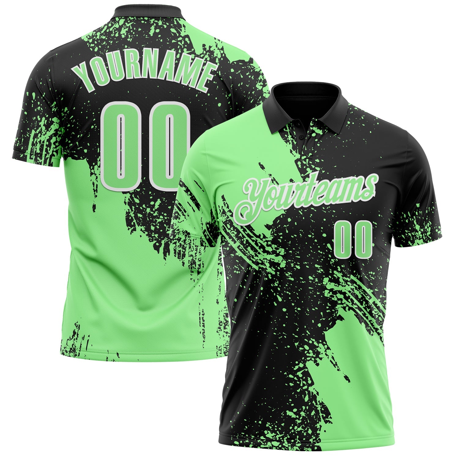 Custom Pea Green Black-White 3D Pattern Design Abstract Brush Stroke Performance Polo Shirt - Main View