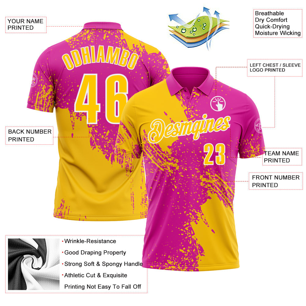 Custom Yellow Deep Pink-White 3D Pattern Design Abstract Brush Stroke Performance Polo Shirt view 3
