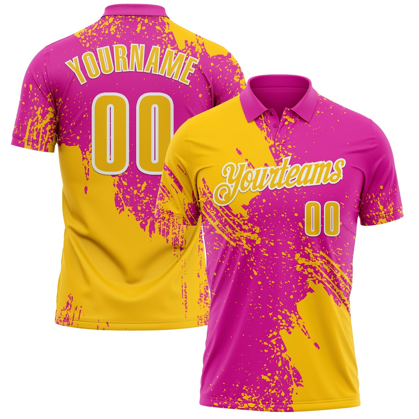 Custom Yellow Deep Pink-White 3D Pattern Design Abstract Brush Stroke Performance Polo Shirt - Main View