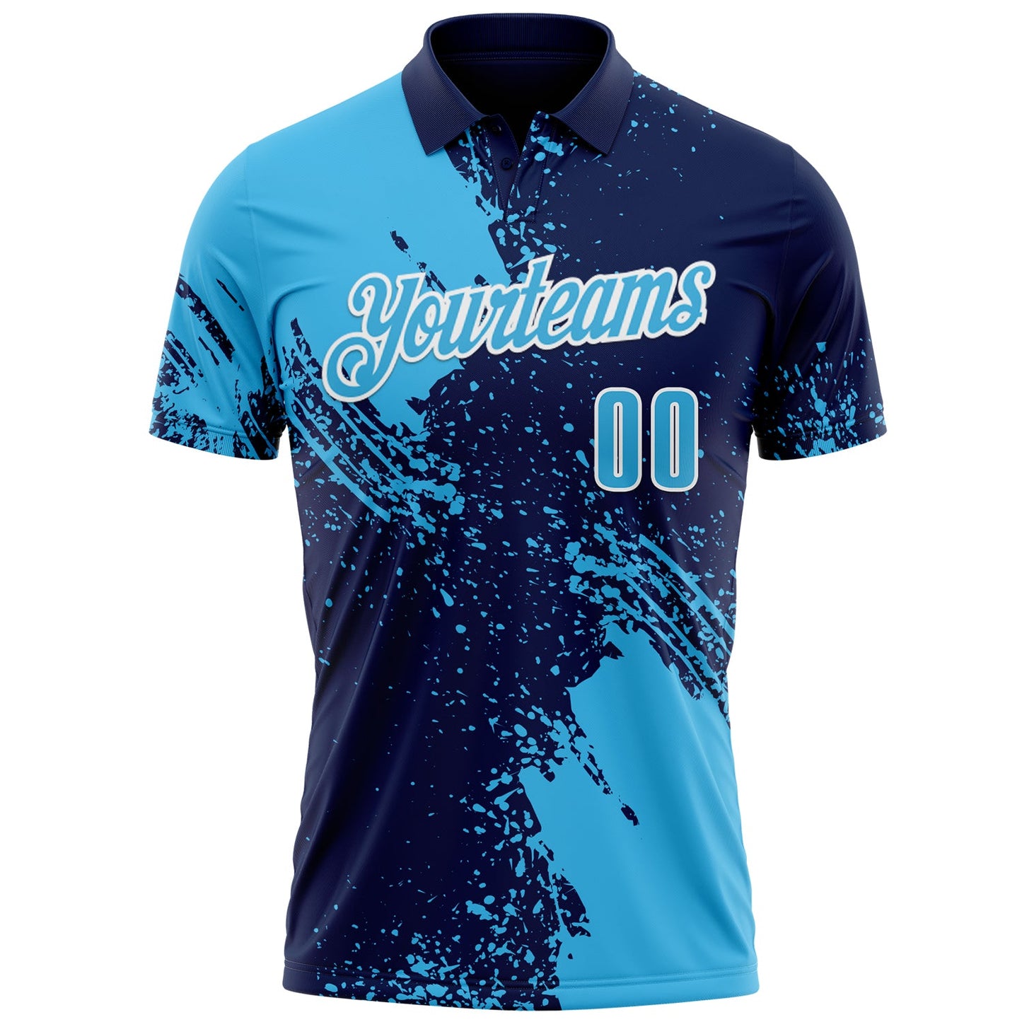 Custom Sky Blue Navy-White 3D Pattern Design Abstract Brush Stroke Performance Polo Shirt view 2