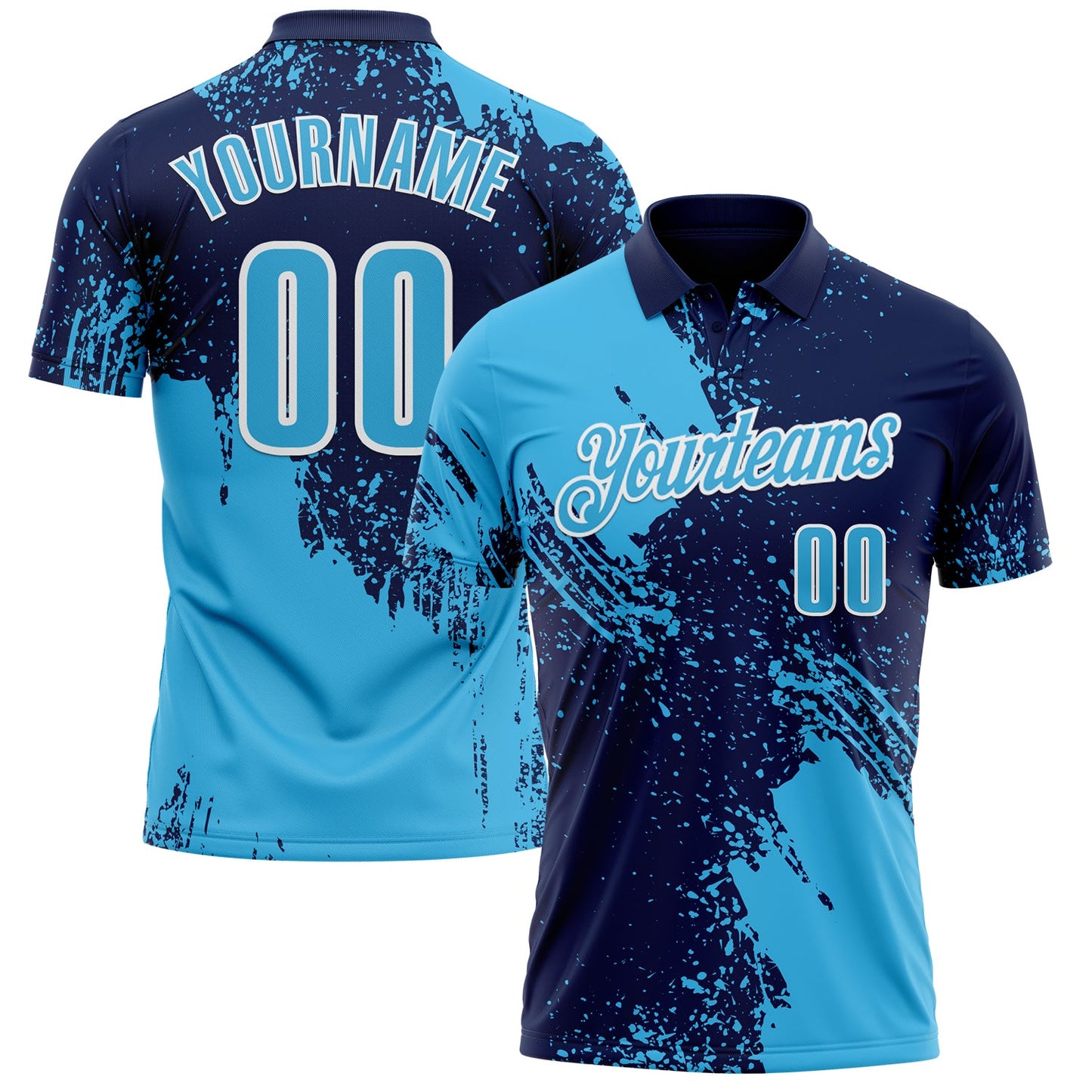 Custom Sky Blue Navy-White 3D Pattern Design Abstract Brush Stroke Performance Polo Shirt - Main View
