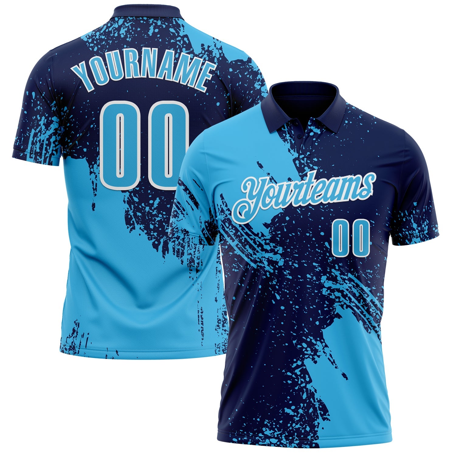 Custom Sky Blue Navy-White 3D Pattern Design Abstract Brush Stroke Performance Polo Shirt - Main View