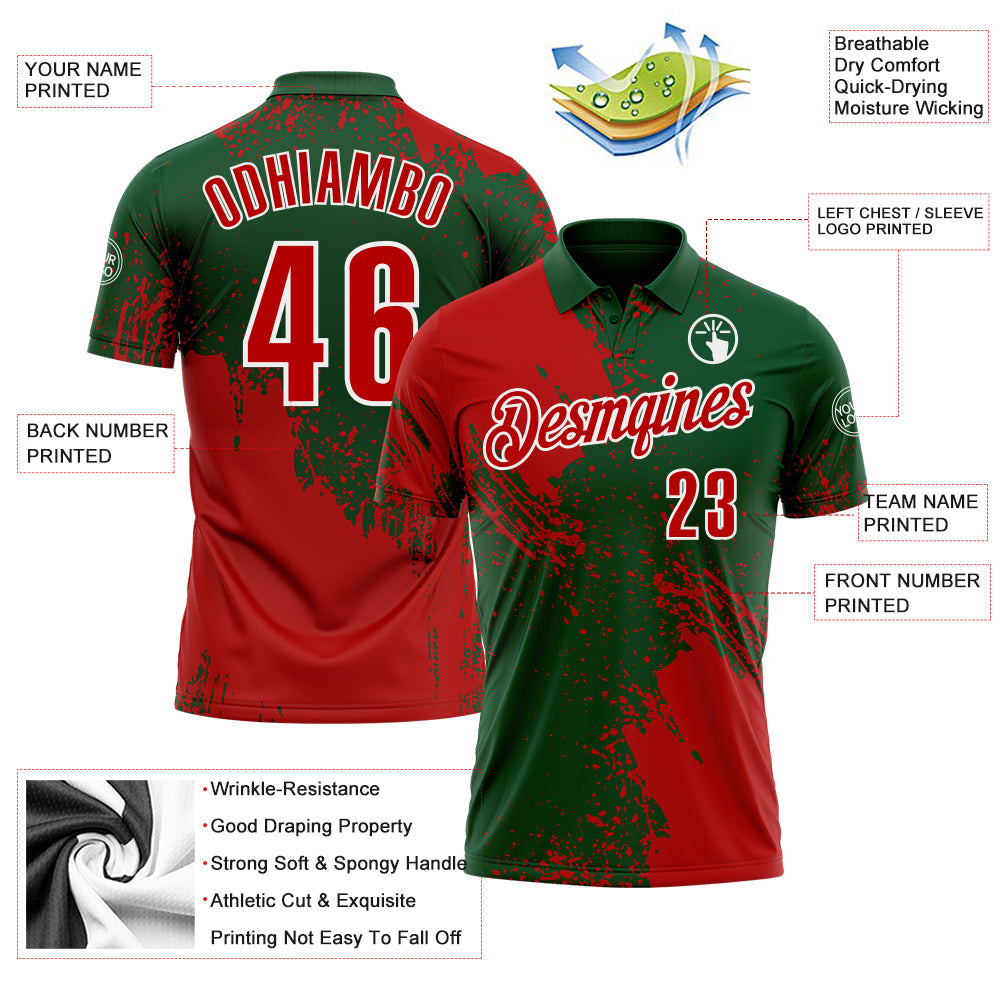 Custom Red Green-White 3D Pattern Design Abstract Brush Stroke Performance Polo Shirt view 3