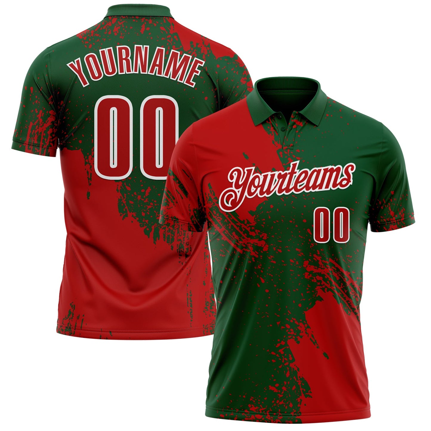 Custom Red Green-White 3D Pattern Design Abstract Brush Stroke Performance Polo Shirt - Main View