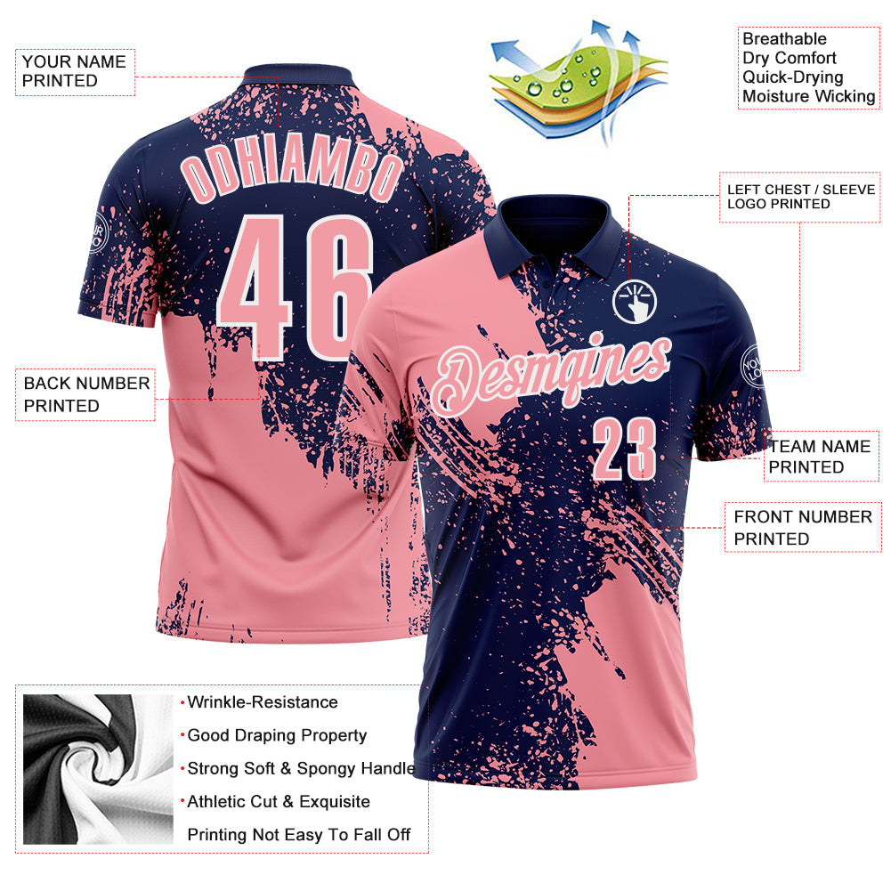 Custom Medium Pink Navy-White 3D Pattern Design Abstract Brush Stroke Performance Polo Shirt view 3