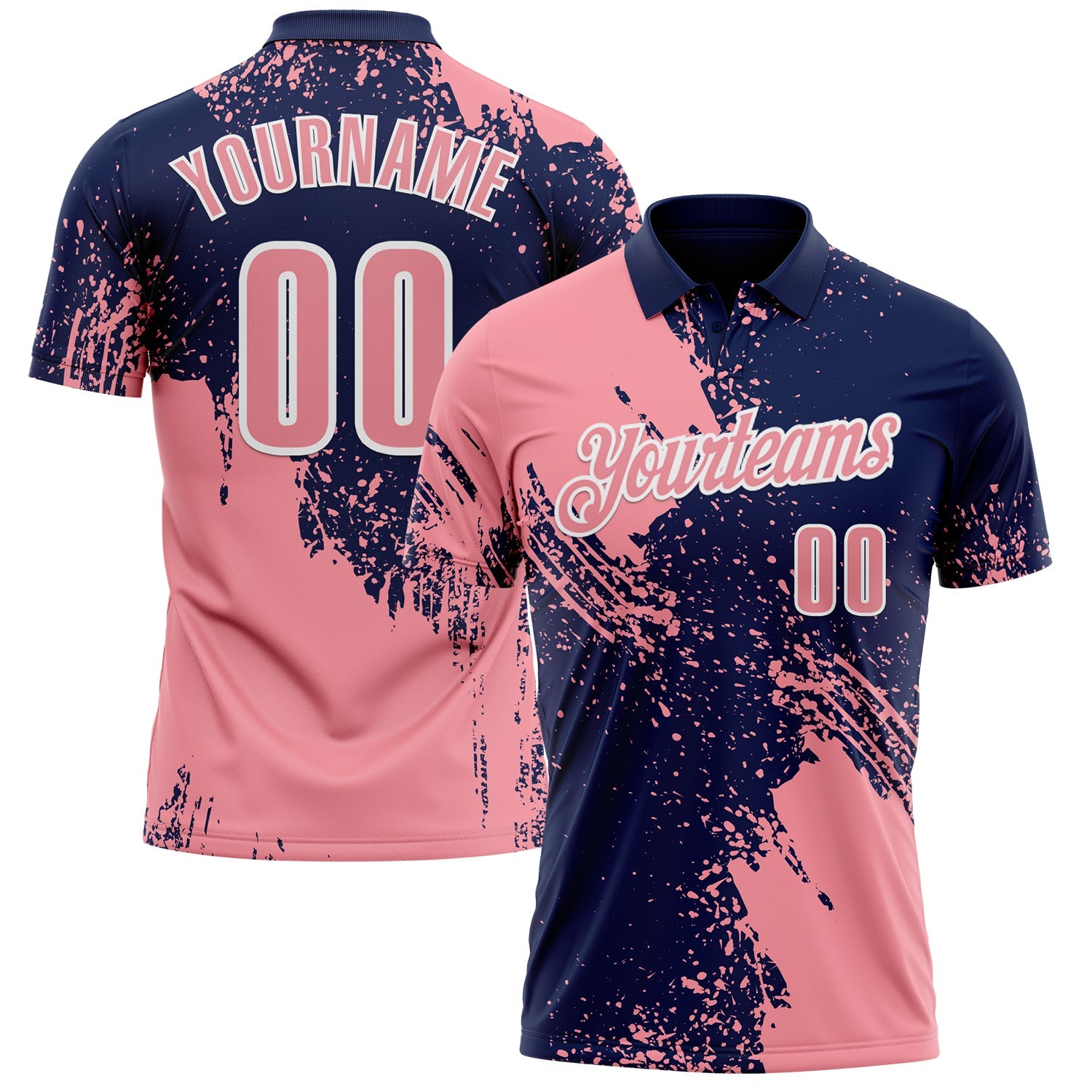 Custom Medium Pink Navy-White 3D Pattern Design Abstract Brush Stroke Performance Polo Shirt - Main View