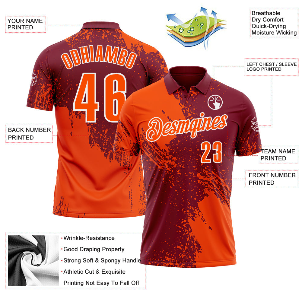 Custom Orange Crimson-White 3D Pattern Design Abstract Brush Stroke Performance Polo Shirt view 3