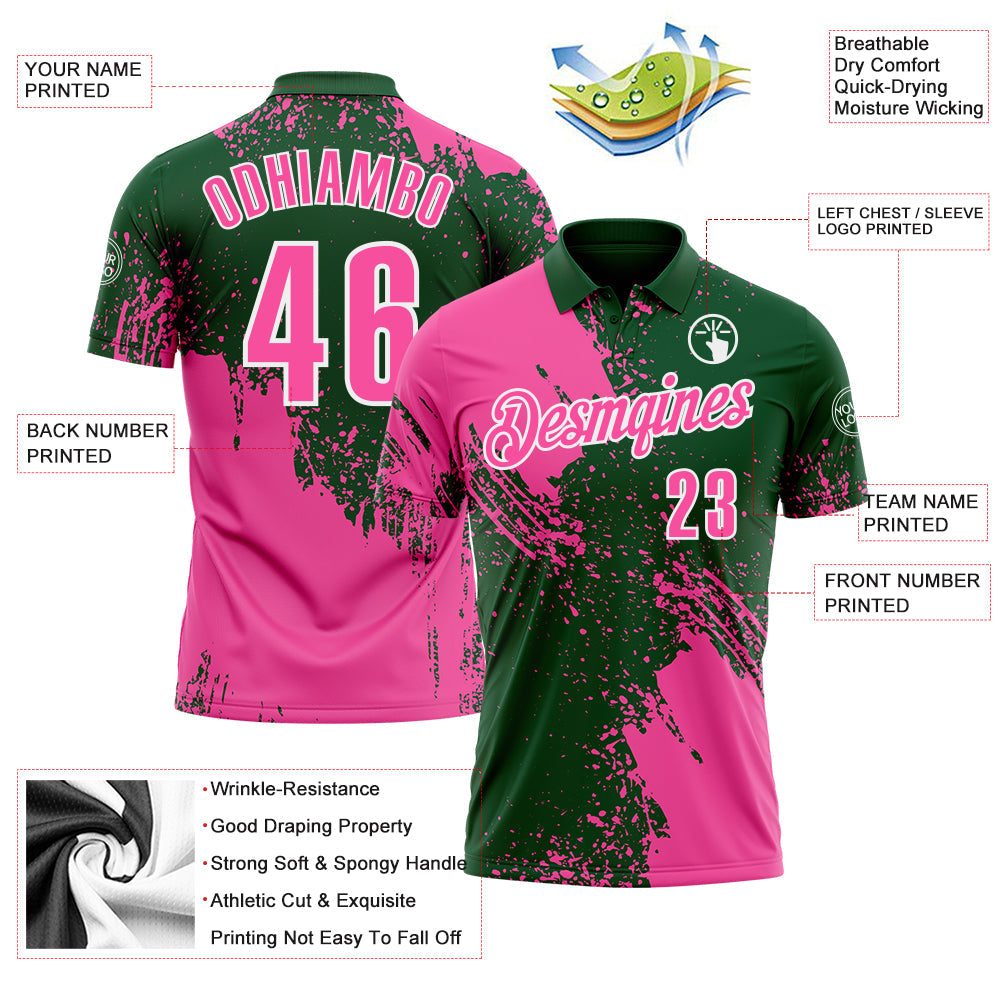 Custom Pink Green-White 3D Pattern Design Abstract Brush Stroke Performance Polo Shirt view 3
