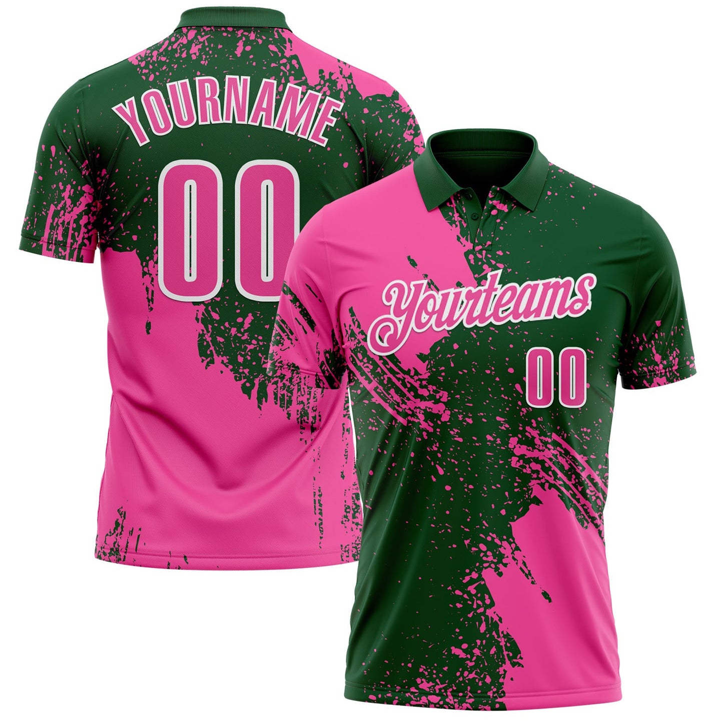 Custom Pink Green-White 3D Pattern Design Abstract Brush Stroke Performance Polo Shirt - Main View