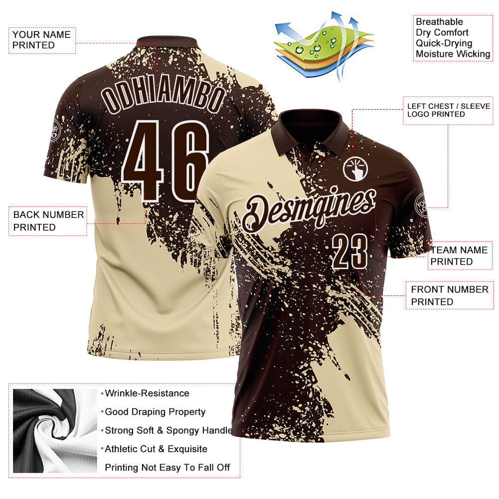 Custom Cream Brown-White 3D Pattern Design Abstract Brush Stroke Performance Polo Shirt view 3