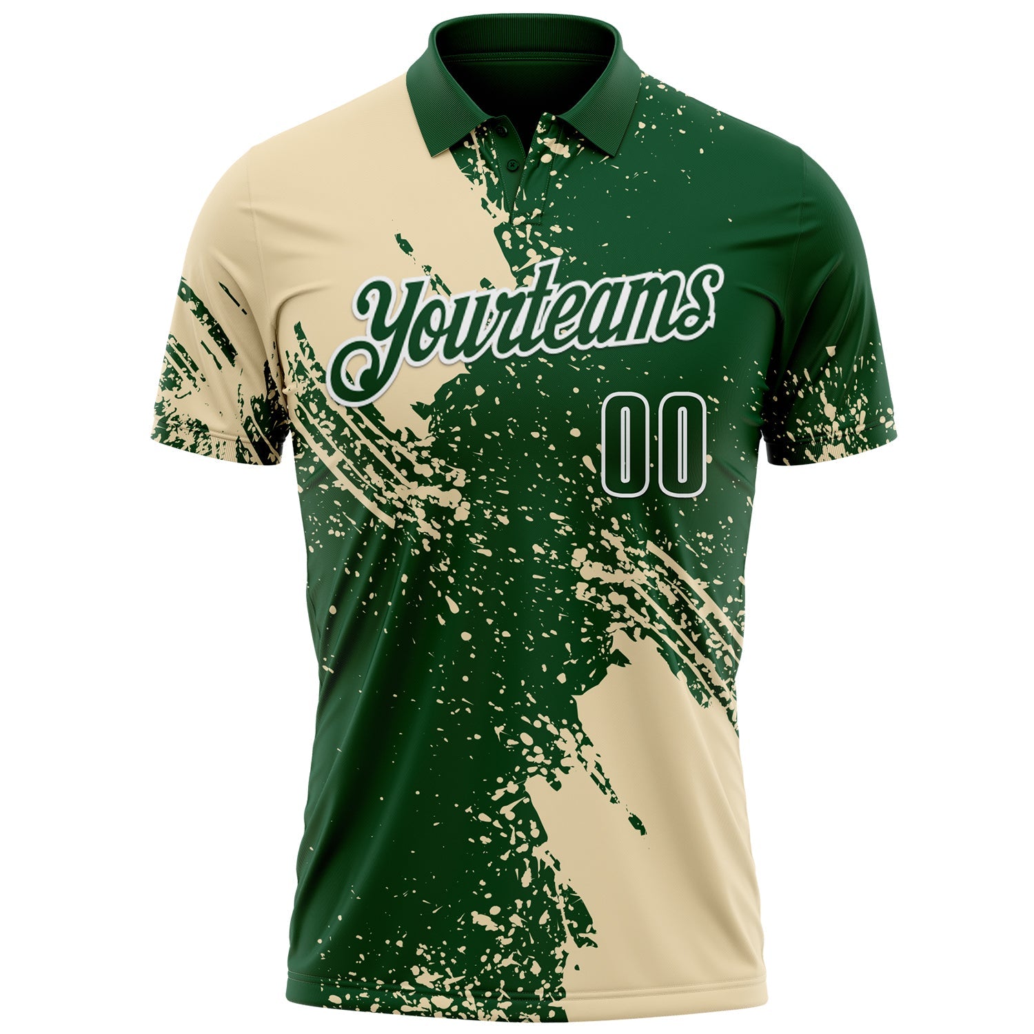 Custom Cream Green-White 3D Pattern Design Abstract Brush Stroke Performance Polo Shirt view 2
