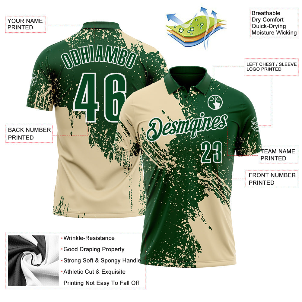 Custom Cream Green-White 3D Pattern Design Abstract Brush Stroke Performance Polo Shirt view 3