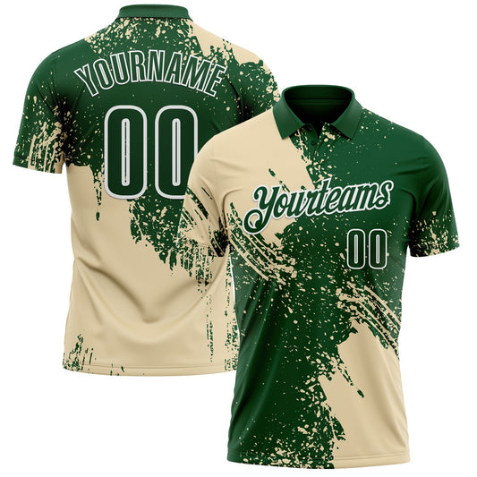 Custom Cream Green-White 3D Pattern Design Abstract Brush Stroke Performance Polo Shirt - Main View