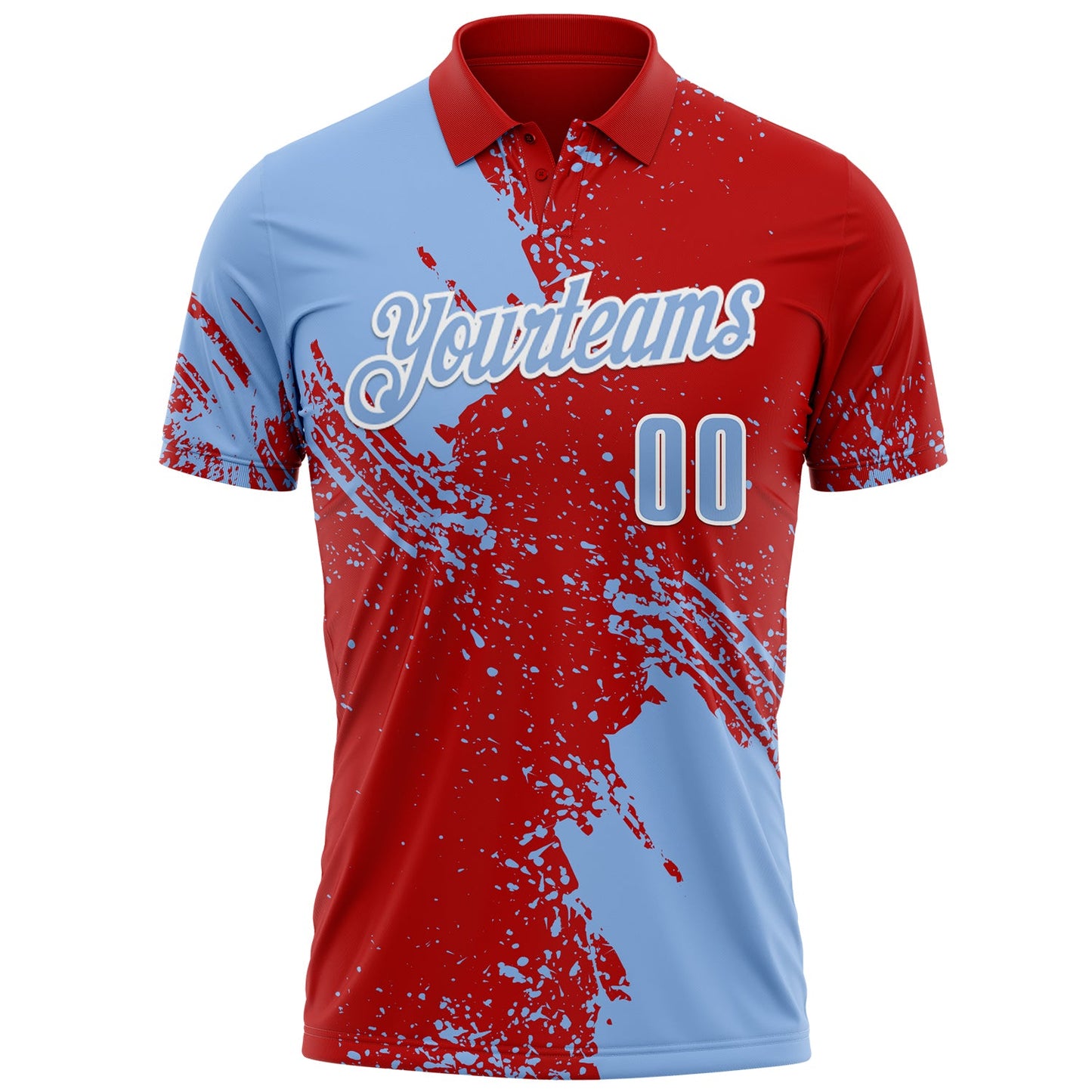 Custom Light Blue Red-White 3D Pattern Design Abstract Brush Stroke Performance Polo Shirt view 2
