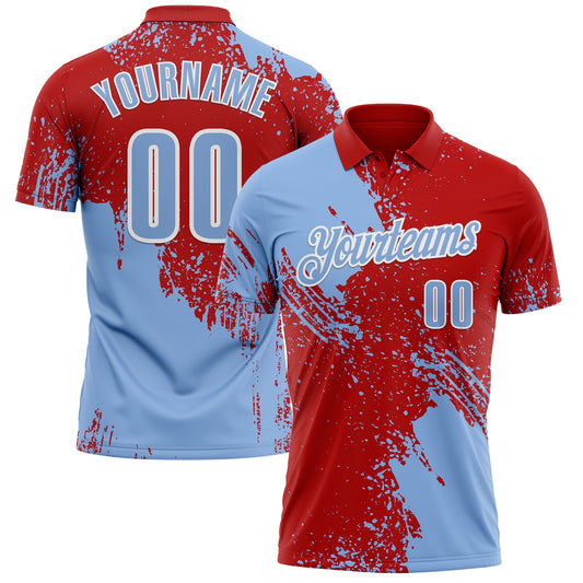 Custom Light Blue Red-White 3D Pattern Design Abstract Brush Stroke Performance Polo Shirt - Main View