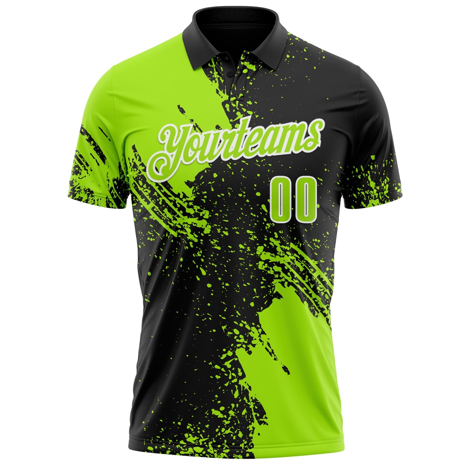 Custom Neon Green Black-White 3D Pattern Design Abstract Brush Stroke Performance Polo Shirt view 2