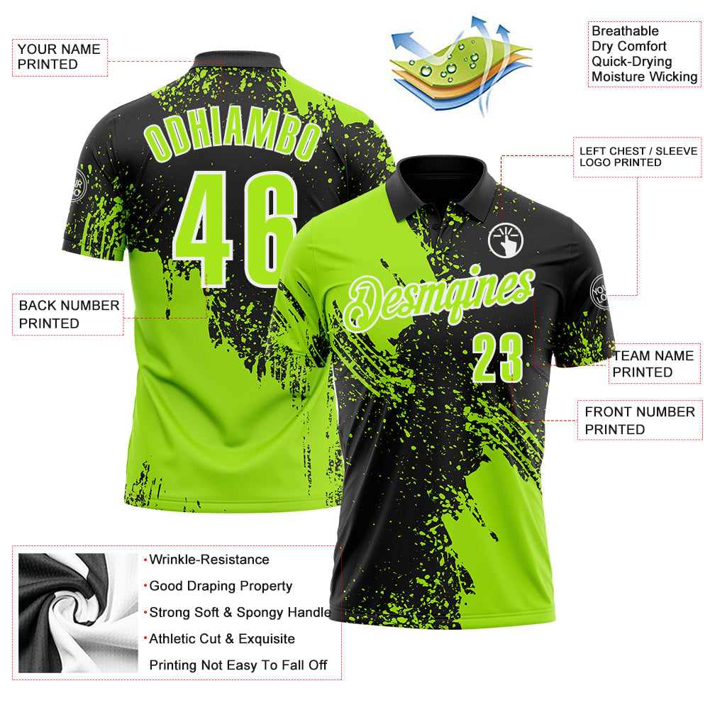 Custom Neon Green Black-White 3D Pattern Design Abstract Brush Stroke Performance Polo Shirt view 3