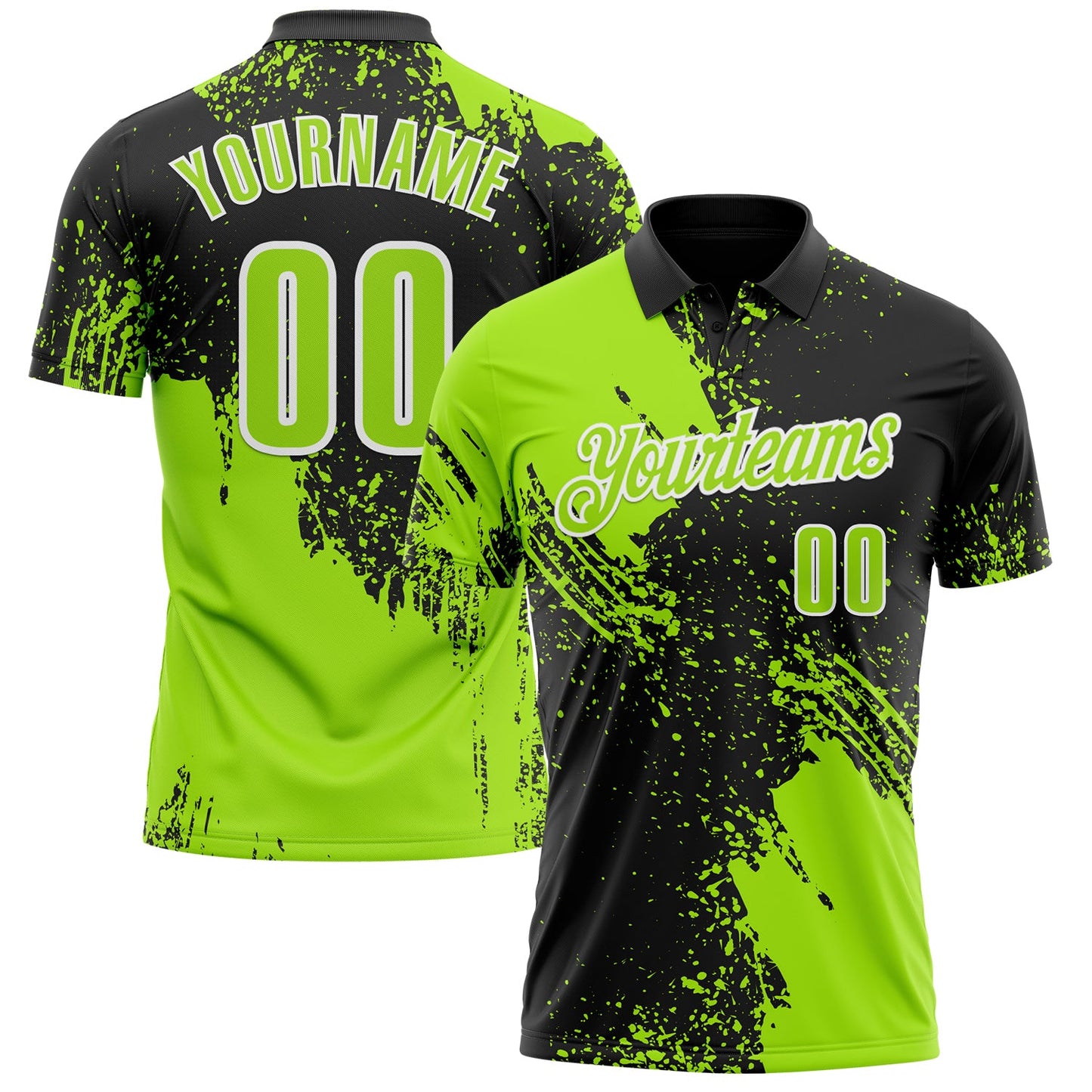 Custom Neon Green Black-White 3D Pattern Design Abstract Brush Stroke Performance Polo Shirt - Main View