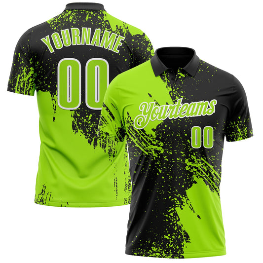 Custom Neon Green Black-White 3D Pattern Design Abstract Brush Stroke Performance Polo Shirt - Main View