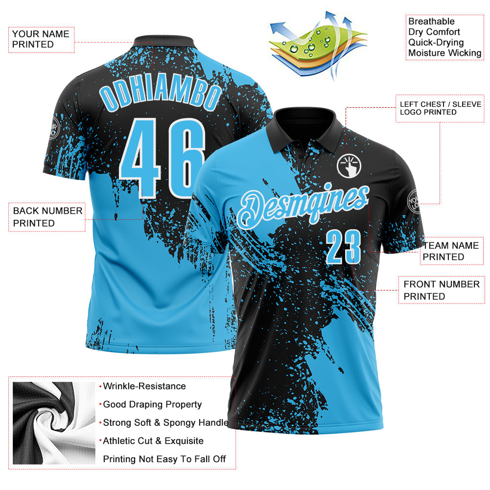 Custom Sky Blue Black-White 3D Pattern Design Abstract Brush Stroke Performance Polo Shirt view 3