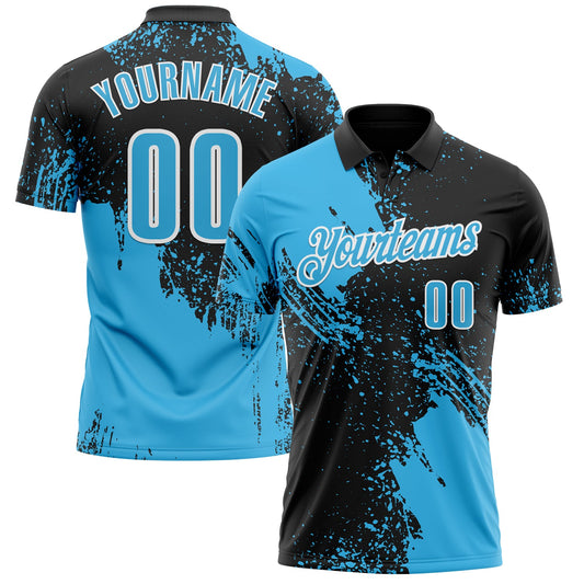 Custom Sky Blue Black-White 3D Pattern Design Abstract Brush Stroke Performance Polo Shirt - Main View