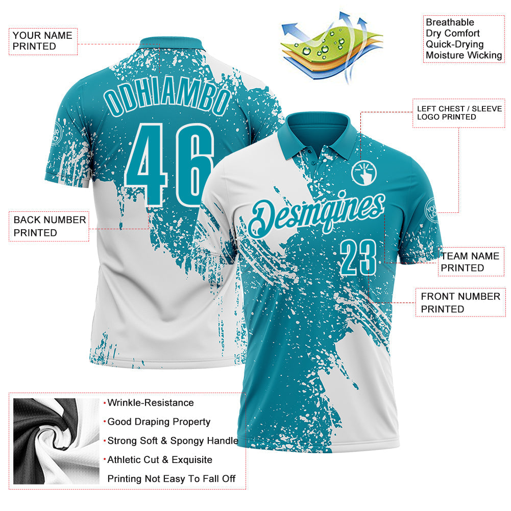 Custom White Teal 3D Pattern Design Abstract Brush Stroke Performance Polo Shirt view 3