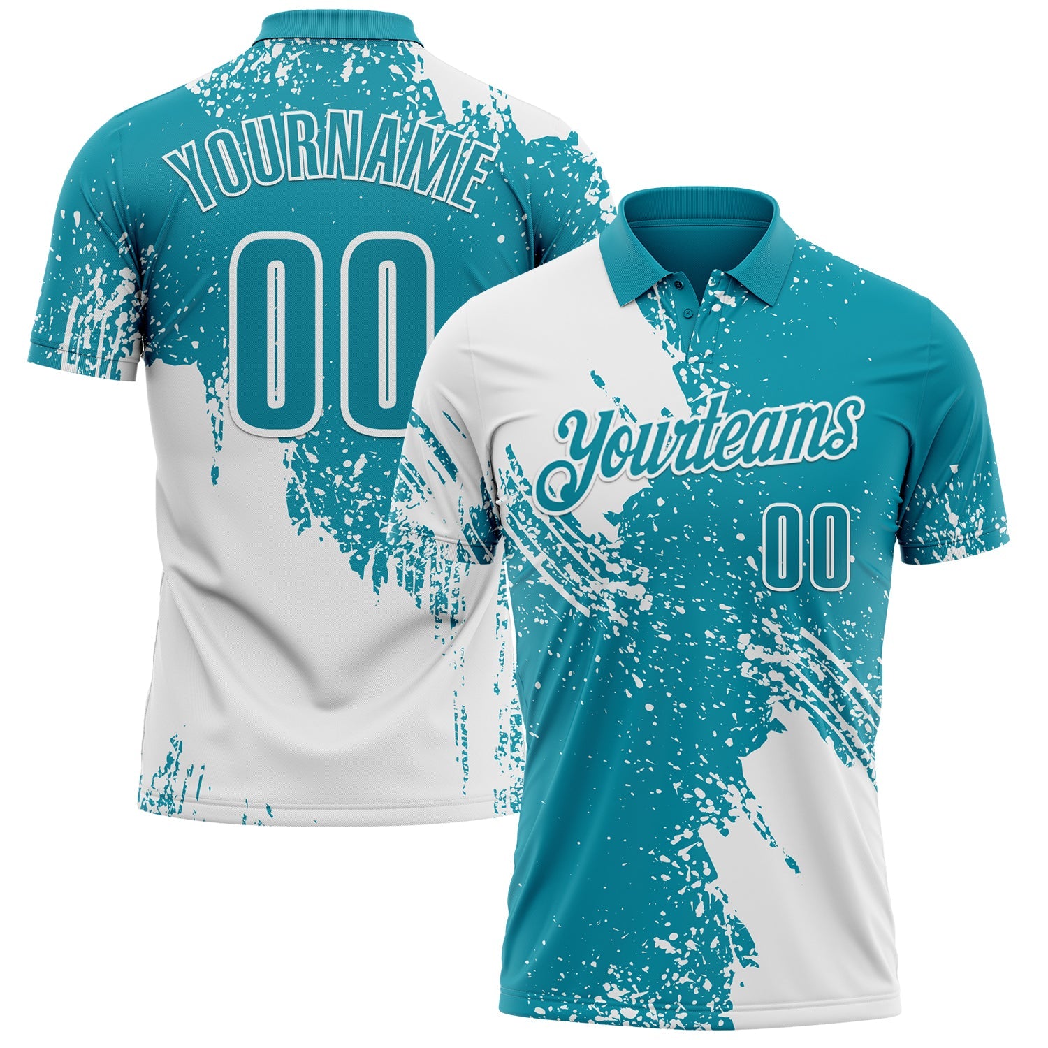 Custom White Teal 3D Pattern Design Abstract Brush Stroke Performance Polo Shirt - Main View