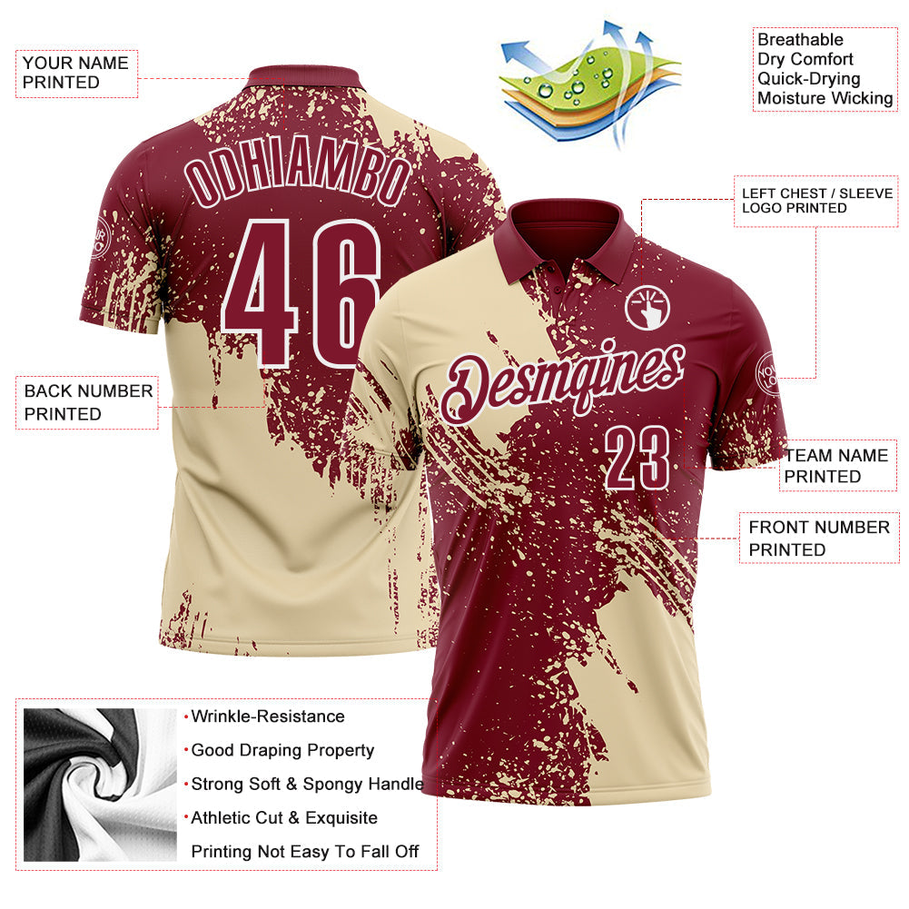 Custom Cream Crimson-White 3D Pattern Design Abstract Brush Stroke Performance Polo Shirt view 3