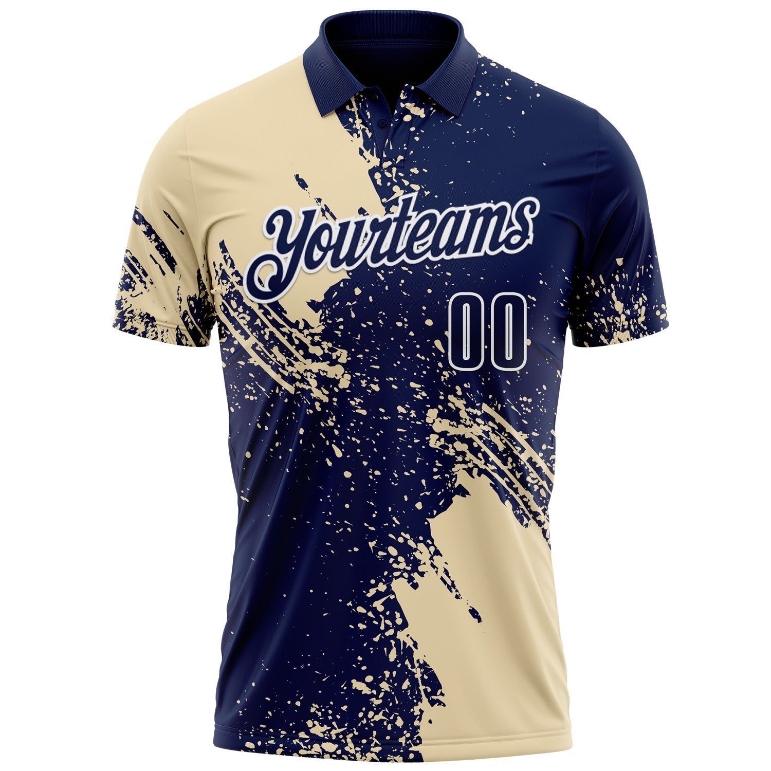 Custom Cream Navy-White 3D Pattern Design Abstract Brush Stroke Performance Polo Shirt view 2
