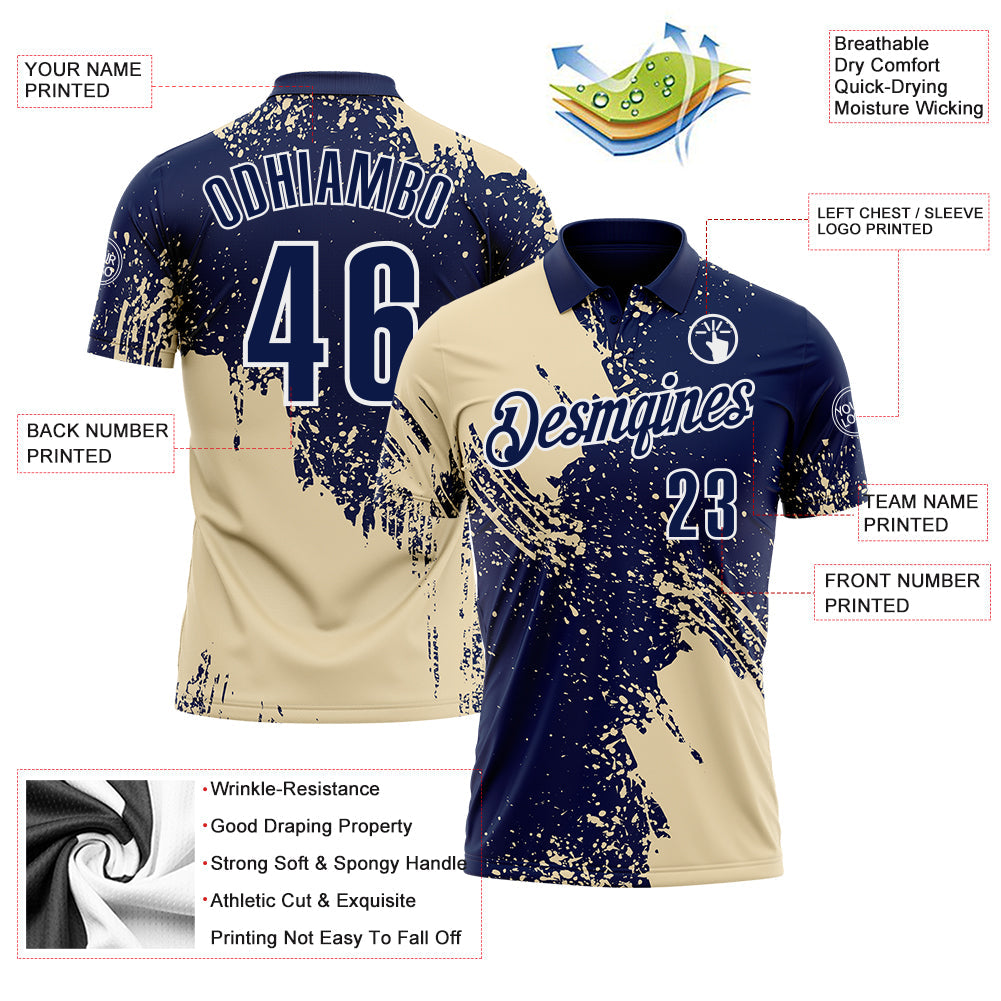 Custom Cream Navy-White 3D Pattern Design Abstract Brush Stroke Performance Polo Shirt view 3