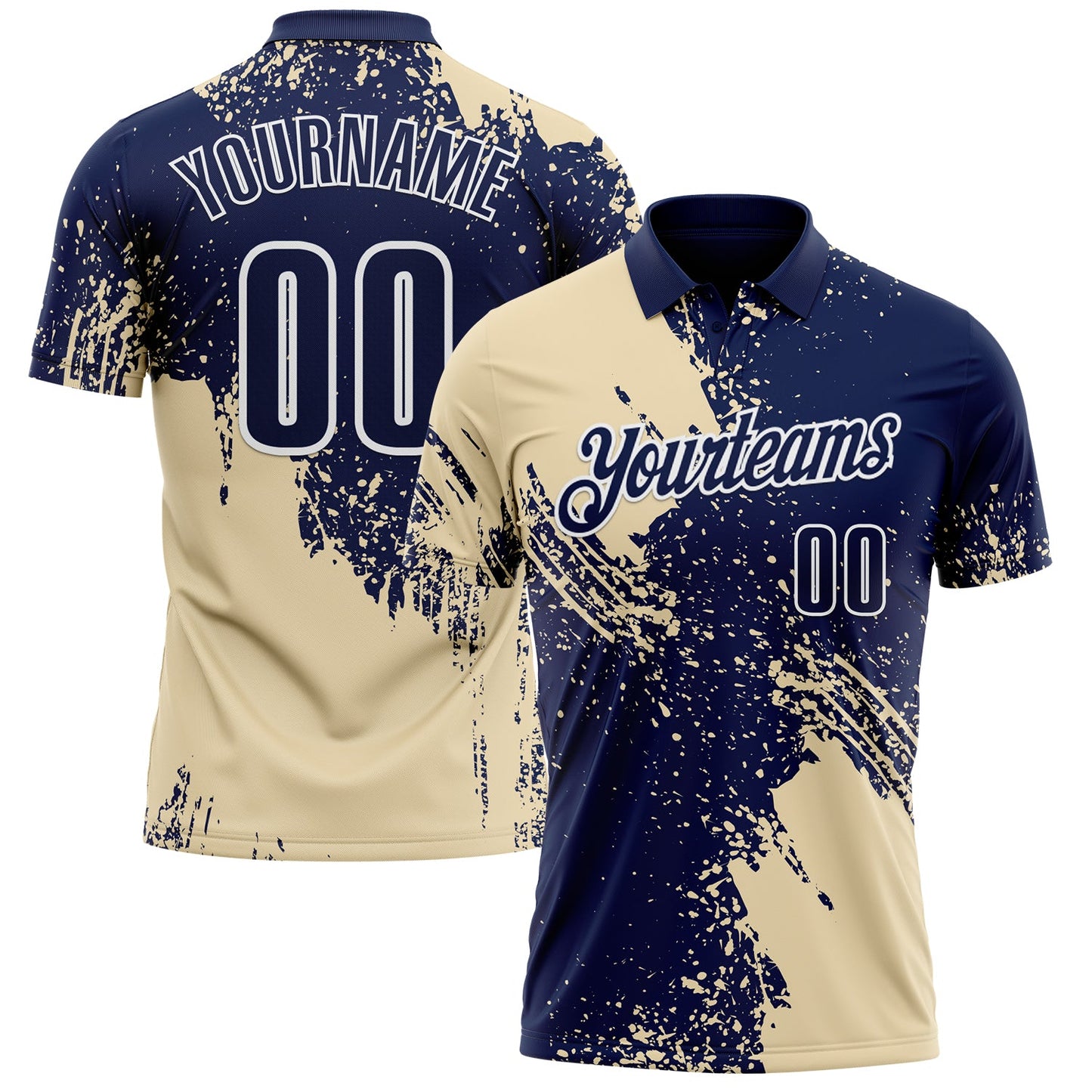 Custom Cream Navy-White 3D Pattern Design Abstract Brush Stroke Performance Polo Shirt - Main View