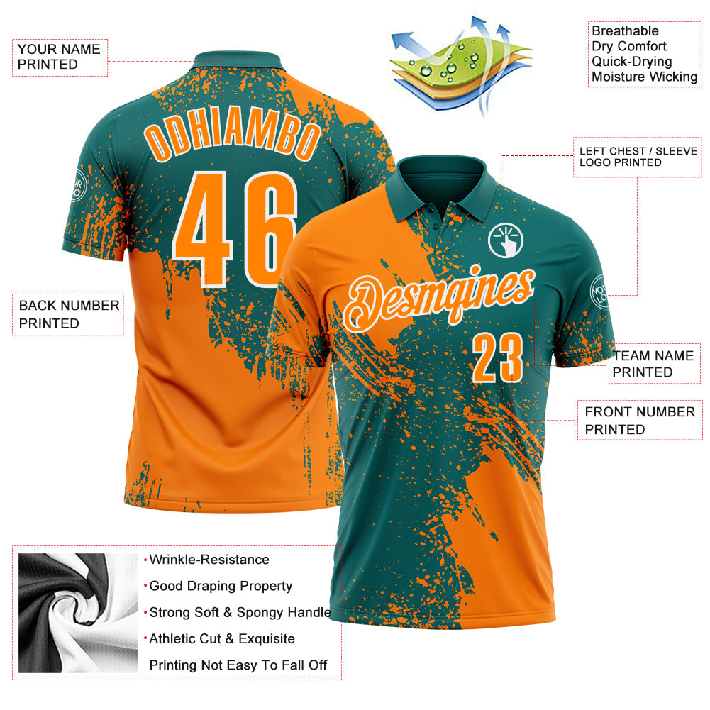 Custom Bay Orange Teal-White 3D Pattern Design Abstract Brush Stroke Performance Polo Shirt view 3